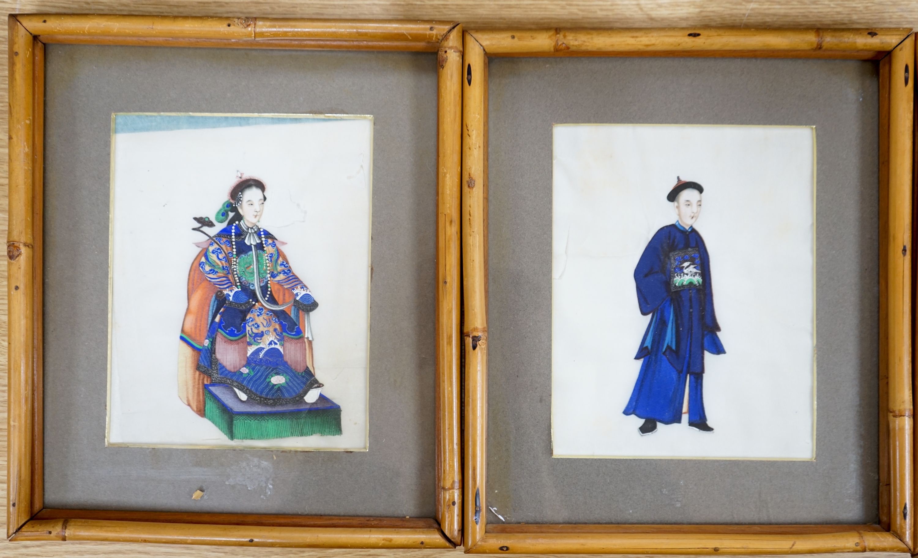 19th century Chinese School, six gouache on pith paper, Studies of courtiers, 18 x 14cm